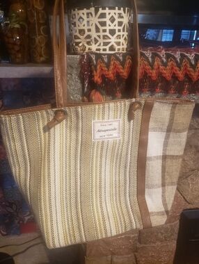 Aeropostale Striped and Plaid Canvas Tote in Brown and Cream